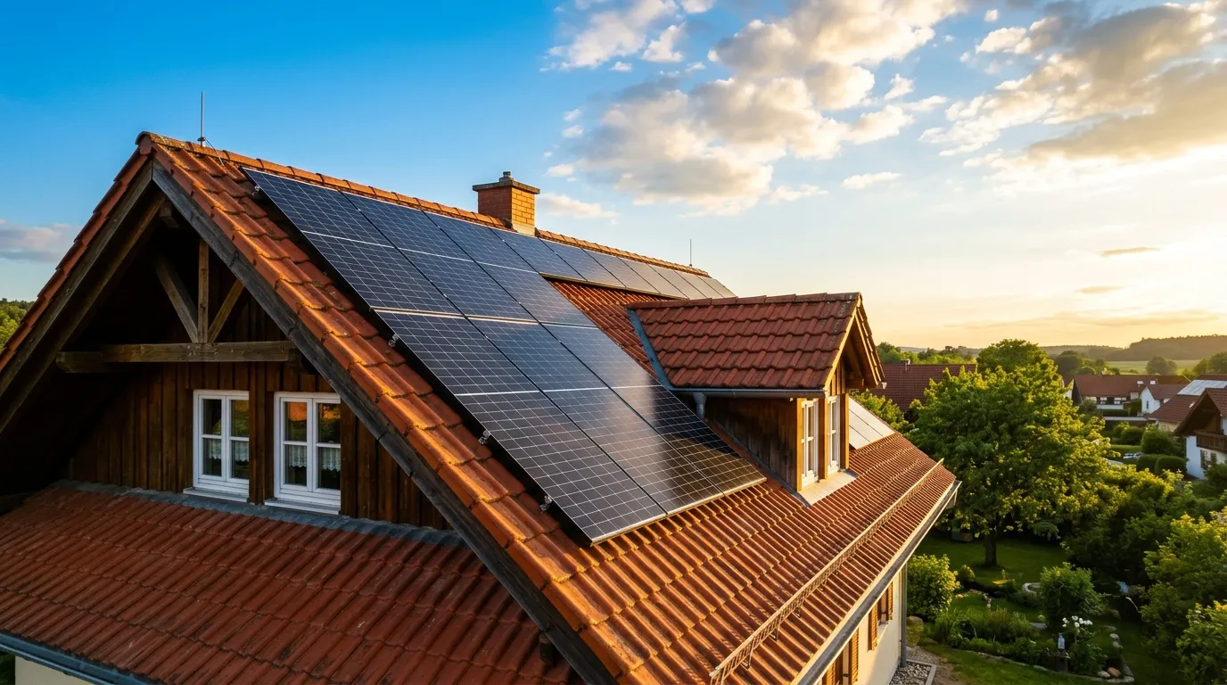 Photovoltaikmodule auf einem Ziegeldach in der Abendsonne