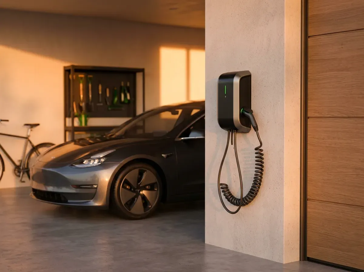 Wallbox an der Garagenwand neben einem Elektroauto im Abendlicht