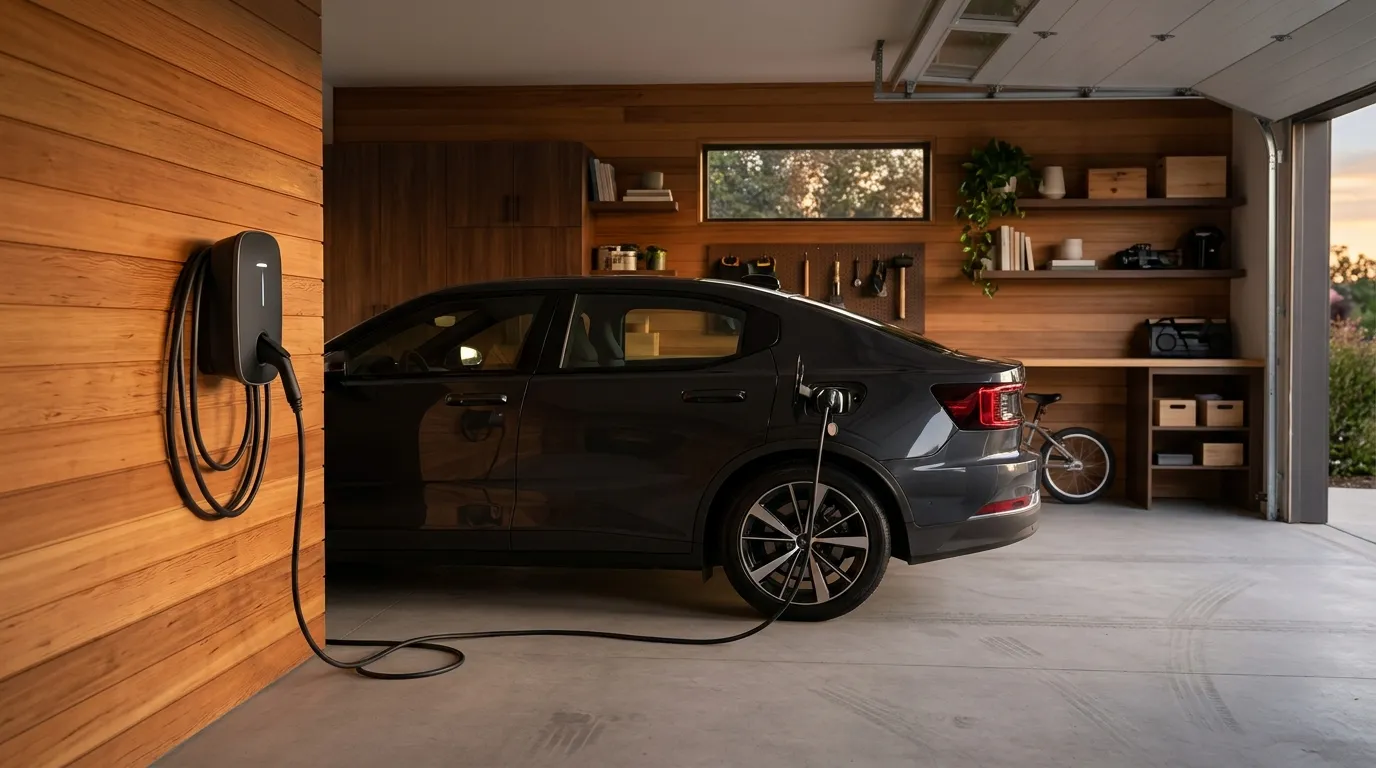 Wallbox lädt ein Elektroauto in einer privaten Garage